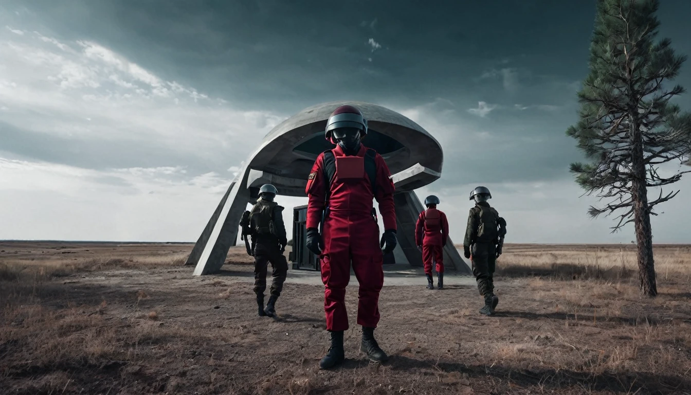 Soldiers in a dark red military uniform in a futuristic helmet near a military post in the middle of the steppe with some pine trees and a little drought, dark atmosphere