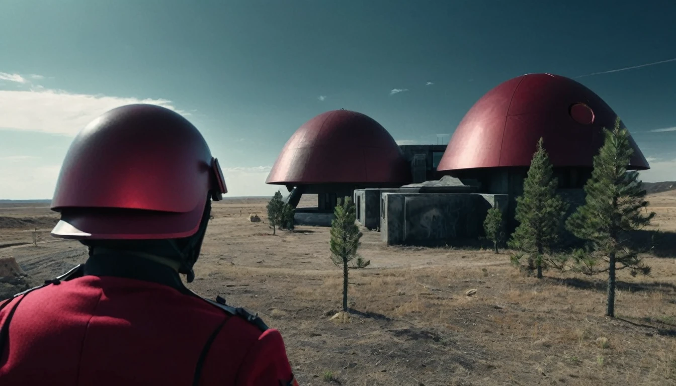 Soldiers in a dark red military uniform in a futuristic helmet near a military post in the middle of the steppe with some pine trees and a little drought, dark atmosphere
