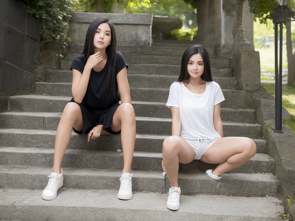 woman sitting on steps with her legs spread,exposed thighs, in shorts, her tiny hands are on her thighs, booty shorts, legs sprea