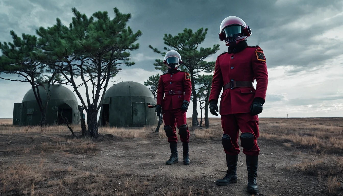 Soldiers in a dark red military uniform in a futuristic helmet near a military post in the middle of the steppe with some pine trees and a little drought, dark atmosphere