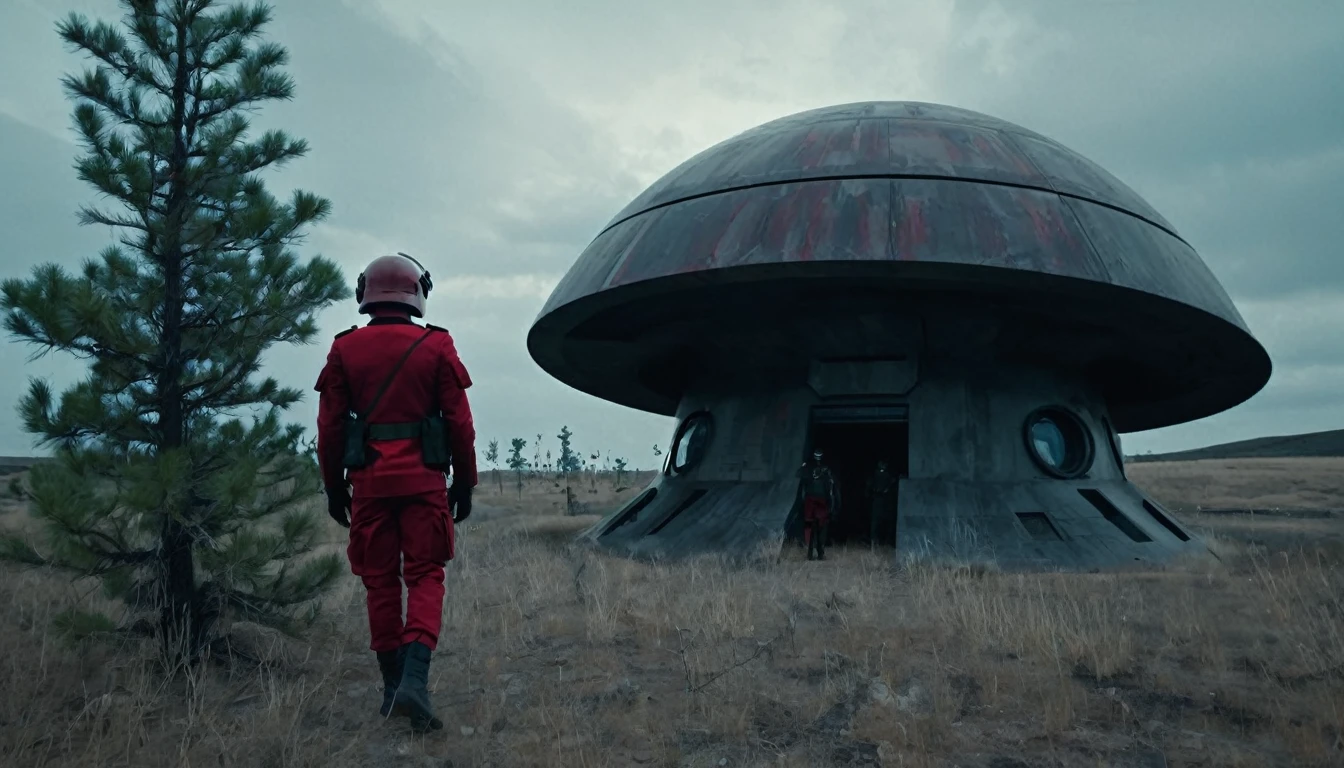 Soldiers in a dark red military uniform in a futuristic helmet near a military post in the middle of the steppe with some pine trees and a little drought, dark atmosphere