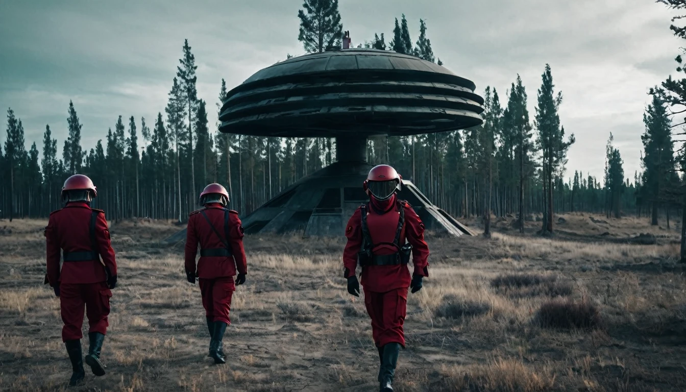 Soldiers in a dark red military uniform in a futuristic helmet near a military post in the middle of the steppe with some pine trees and a little drought, dark atmosphere
