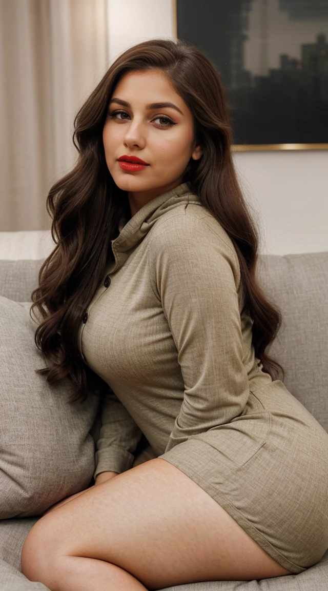 A young chubby Indian woman with dark, flowing hair and a serene expression sits gracefully on a beige sofa. She wears a fitted, buttoned tunic that accentuates her figure, paired with tight pants that highlight her shape. Her head is partially covered by a soft hood, adding a touch of modesty to her attire. The muted, neutral tones of her clothing and the background create a peaceful and intimate atmosphere. What is she thinking about? What stories lie behind her calm demeanor, Lucy Pinder, face portrait, ((Very Intense Makeup)), ((Red Lipstick)), smiling, long hair, brown hair, wavy hair, Voluptuous Woman, long-sleeved dress, dress with buttons, short dress, red dress , neckline, back, beautiful buttocks