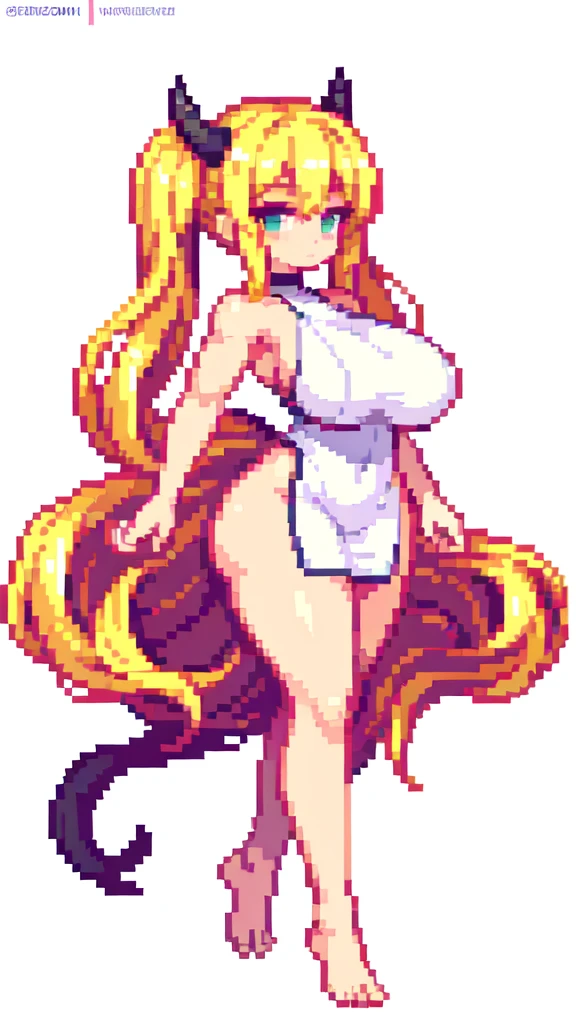 tail girl,big ass,devil,barefoot,{{lift one leg}},{{very muscular}},{{very gigantic breasts}} ,{{very curvy}} , ,masterpiece , best quality , pixel art , 1 girl ,{full body},  voluptuous ,twintails,blonde hair ,white dress,white background 