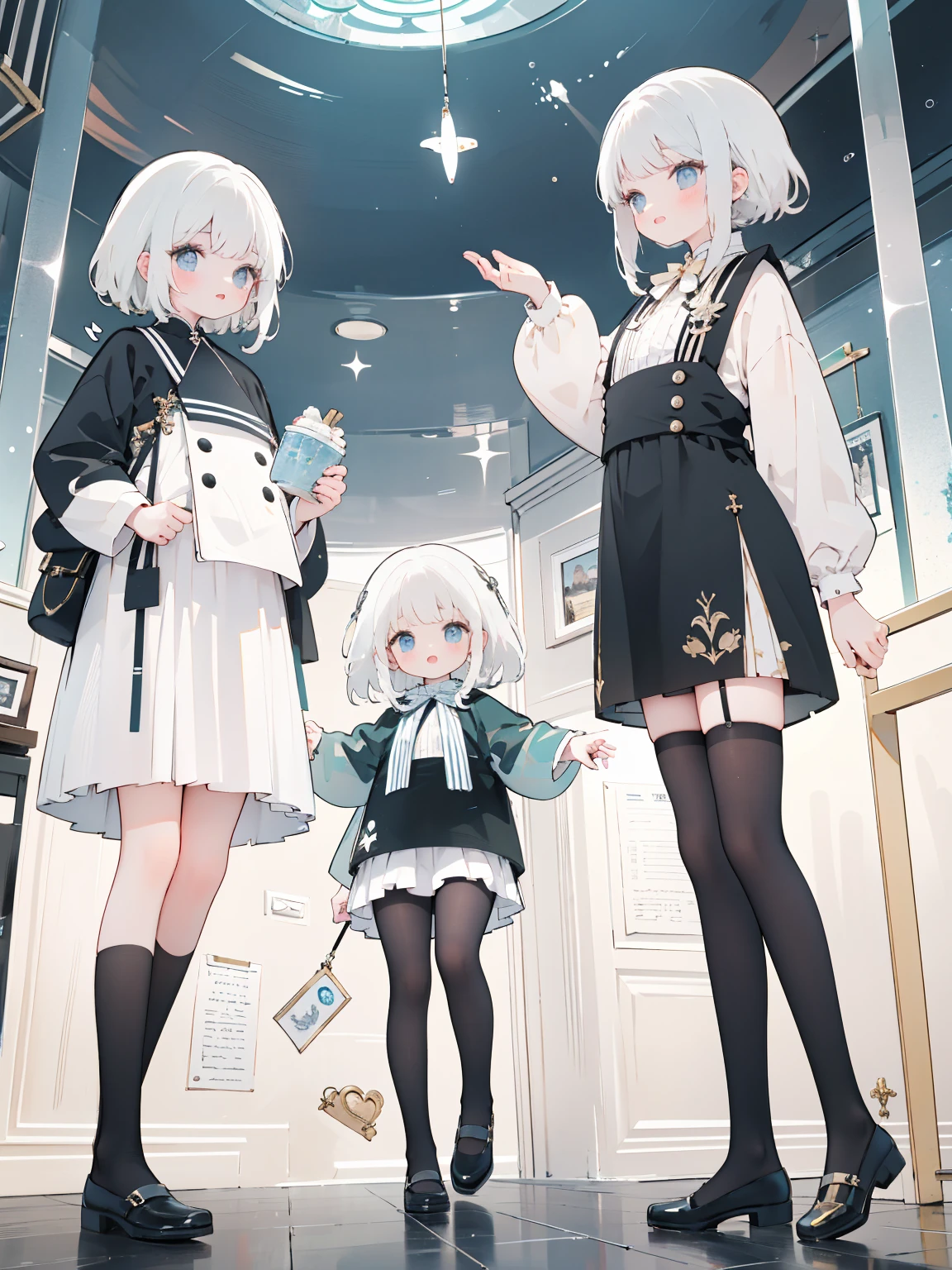 ,twins,white hair,stockings,mature female,