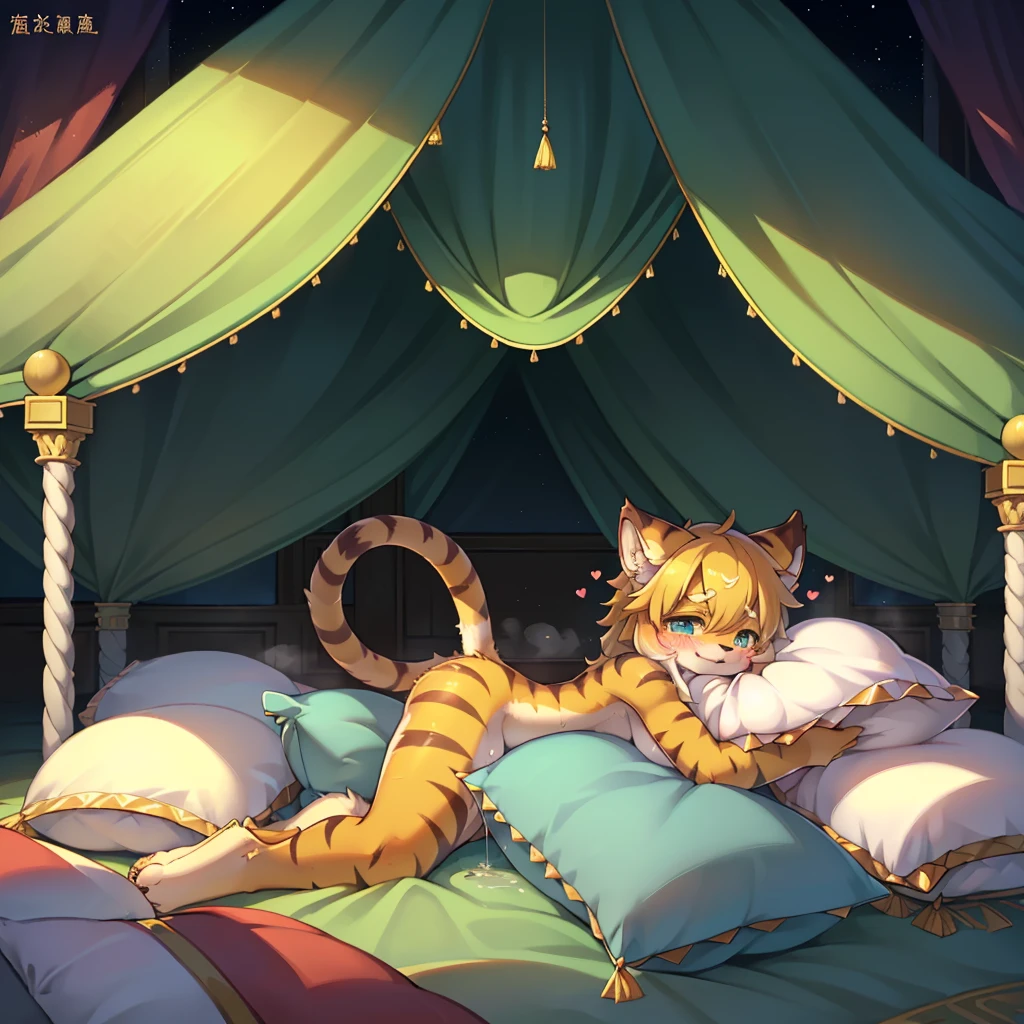 （masterpiece，best quality），my own, The Beast, , (适合任何Pillow背景的光影））, 穿着pajamas可爱女孩在Pillow上摆姿势 ，pajamas，Nature,, (blush),a smile，Pillow头,（很多Pillow），Soft cushion，，Soft pillow quotation，（Pillow损坏），很多Pillow，（Crotch rubbing），（（Pillow驼峰）），（Pillow），（A tail），，（充满细节的Pillow），（Love around the protagonist），Steam，（Pillow头），（），（豪华Pillow），（Pillow），（palace），（Palace bedroom），（Pillow），柔软的Pillow，，（Classical European style bedroom ），（excited，shy person，Lack of expressiveness，），，pillow humping,my,tiger tail,tiger ears,Tiger pattern，，Sweat，，Sweaty，(Body swing，身体Shaking lines，Shaking lines)，best quality, masterpiece, ((Maximum resolution)), artwork, ，,,(Interior of the palace),(In the bedroom at night),(Deluxe Rococo Canopy King Bed),On a big and spacious bed,(the 女孩 is lying on the bed),Before bedtime,,,Luxurious curtains with ornate ruffles and ribbons surround the bed,((((There are many pillows piled on the bed)))),Detail of Quilt,Detailed bed sheets,Ruffled Bed Skirt,Deep Bed,Background with depth,((详细的Pillow)), ((((大量的Pillow))))，peeing，squatting，water,Urine,Shaking lines，wetting pillows,Flowing liquid，Violent body shaking，剧烈Shaking lines，详细的软Pillow,,((女孩正躺在许多柔软的Pillow上,周围有许多Pillow))，Splashed liquid，Pillow和床上有水迹，caughtpeeing,Lots of liquids，Urine everywhere