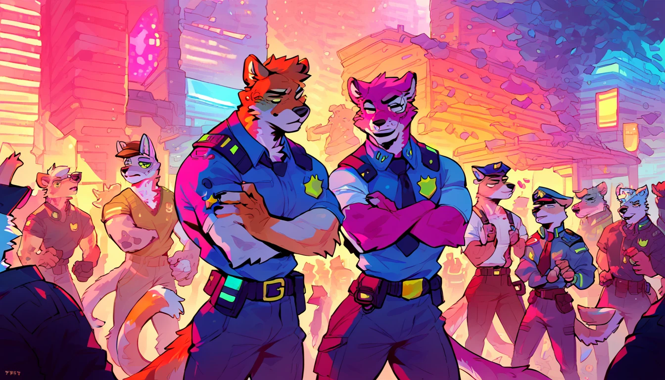 score_9, score_8_up, score_7_up, (cyberpunk city, daytime, sunny day, police office, buildings on background),
((Furry), anthro, male, (police crew), group, 2others, standing, crowd, wearing police uniform, police crew, muscular body, beautiful, (wears cyberpunk additions, without an eye)