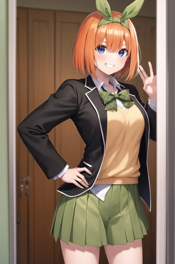 masterpiece, best quality, highres, aayotsuba, short hair, hair ribbon, green ribbon, hairband, green bow, sweater vest, blazer, black jacket, open clothes, long sleeves, green skirt, pleated skirt, hand on hip, grin, classroom, standing
