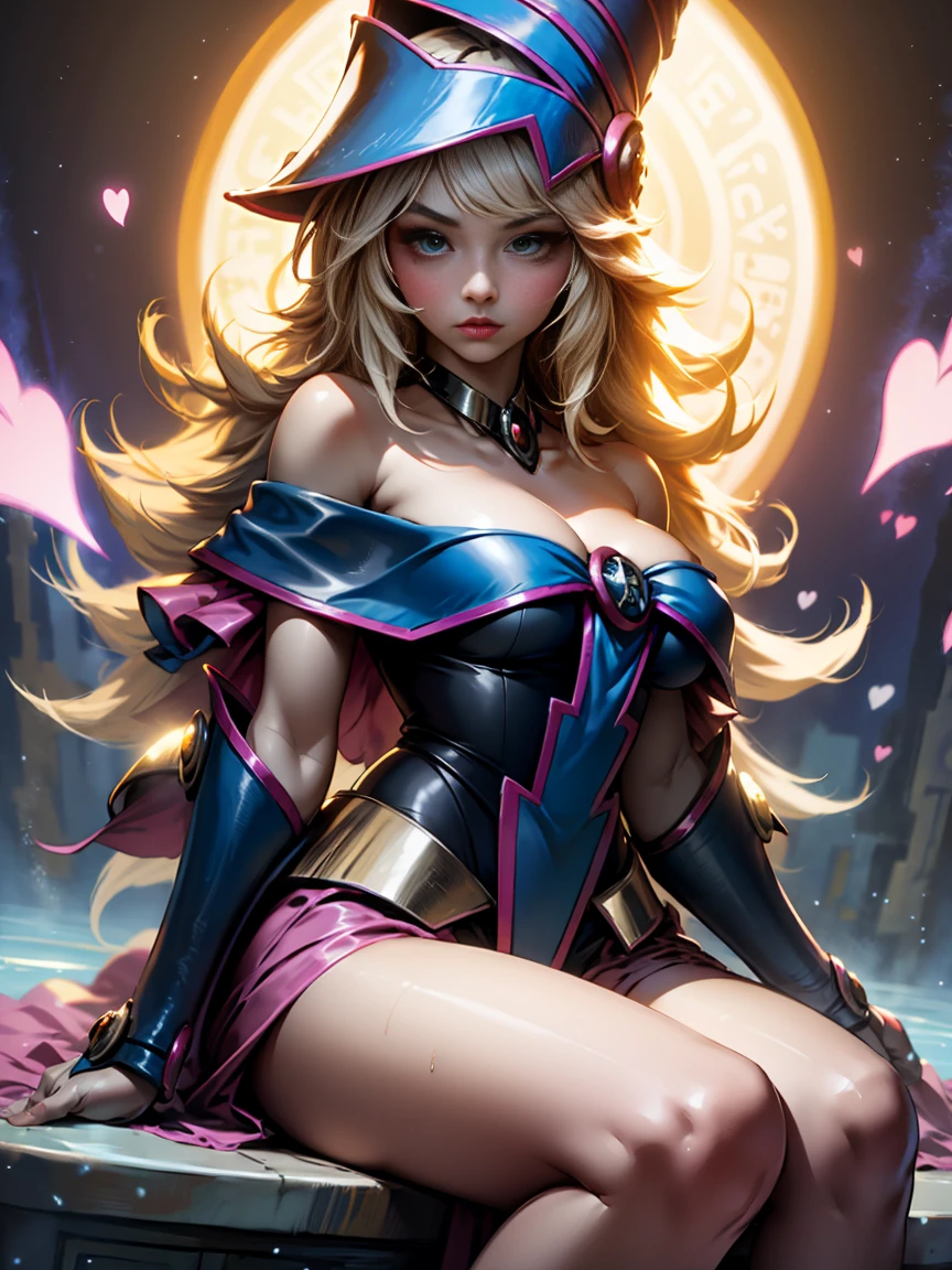 1 girl, only,beautiful, , sitting on the water, Wizard hat, neckline,  shoulders,  the shoulder, magical, Distrust, particles, hearts, amar,Grinding, High details, digital art, Masterpiece,,beautiful,beautifuls ojos, magic. Pose sensual una mirada sensual en pose sexi que se vea todo su cuerpo con muy poca ropa brillante radiante parada sobre un círculo de magic . 