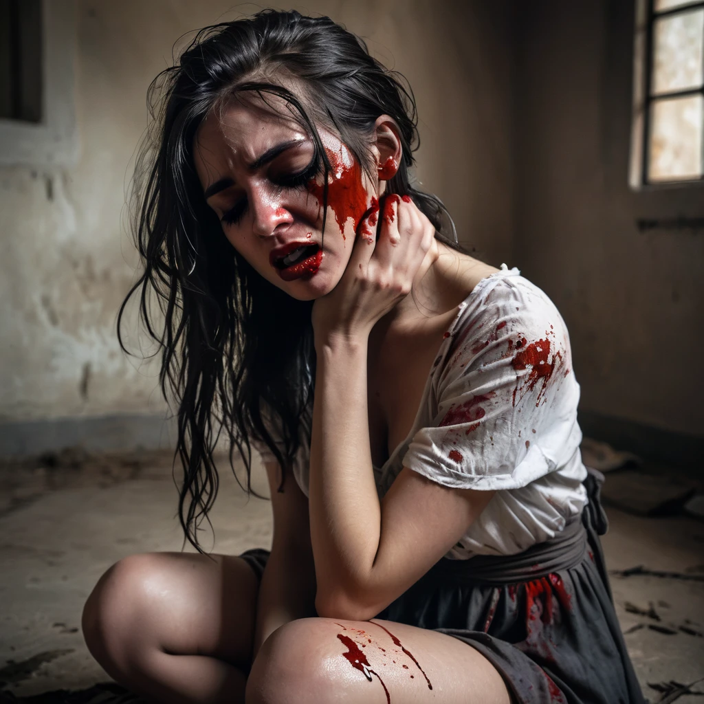 Undead sinner on her knees, forced oral sex, (oral rape:1.3), Sexual violence, hand on her head, holds her by the hair, (traces of beatings on her body:1.2), torn clothes, Sexual slavery, hellish torment