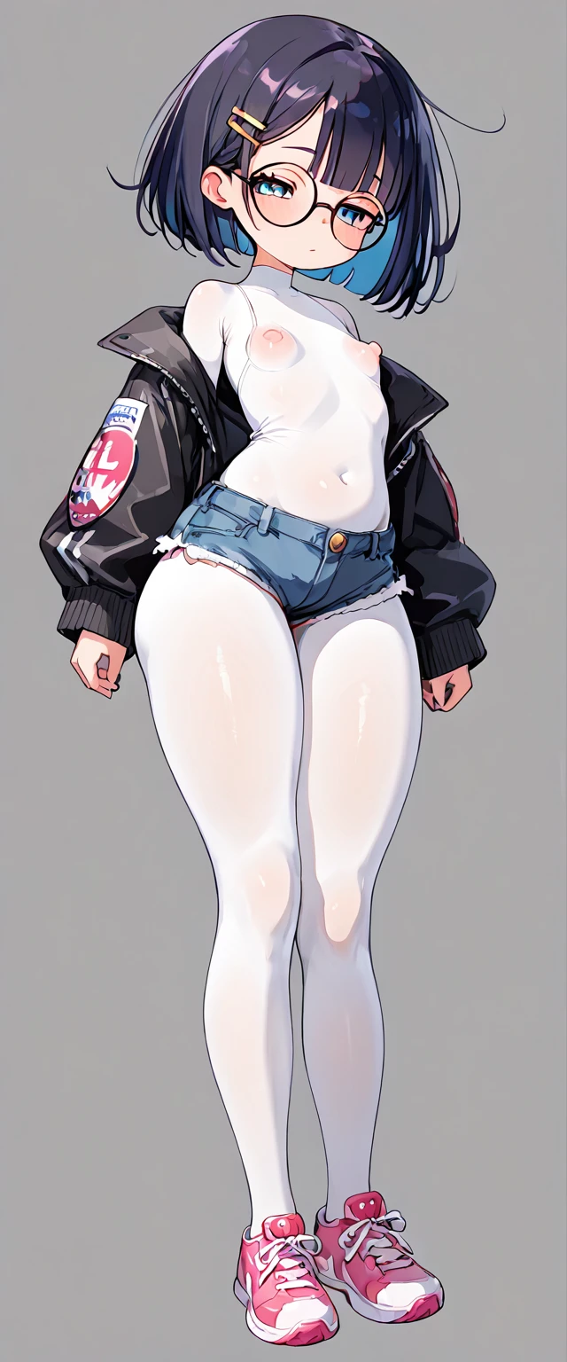 (masterpiece), (best quality), ((ultra-detailed)), (high resolution), (an extremely delicate and beautiful, super fine illustration), official art, BREAK (1girl), (:1.8), (tiny girl:1.6), (8yo)lat chest:1.4), Plump, (Thick thighs:1.8), (big ass:1.5), erect nipples, Huge areola, large nipples, (long nipples:1.4), erect nipples, oily skin, BREAK droopy eyes, (emerald blue eyes:1.3), (bad mood:1.5), (clear face:1.5), (half closed eyes:1.8), BREAK (bob cut:1.3), tired hair, messy hair, blue colored inner hair, Black hair color, (girl wearing round black glasses), BREAK (white Bodystocking:1.7), (cropped black jacket:1.3), (micro shorts:1.5), (sneakers), (front view:1.5), full body,
