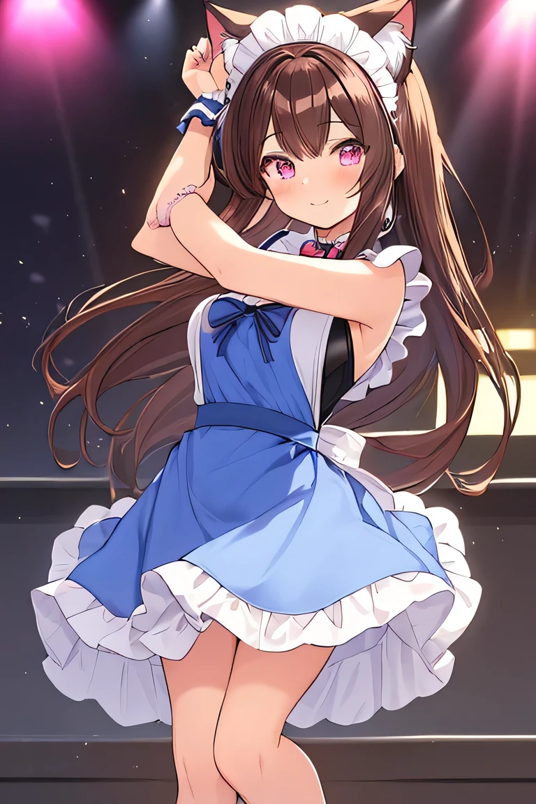 ((masterpiece)), ((best quality)), (ultra-detailed), ((kawaii)), cute, (lovely), illustration, anime style, full body, full body focus, a cute girl, solo, 1girl, Live performance venue, A Japanese anime illustration of an adult woman with long, dark brown hair, longer than her waist, with side hair hanging down. She has a timid expression with modest smile, reflecting a lack of confidence. She's wearing cat ears and a maid outfit, with pink eyes. The character's overall appearance is one of vulnerability and subtle charm, (blue Maid outfit dress:1.4), cat ear catsuit, pink eyes, dark brown hair, long hair, adult female, spotlight.