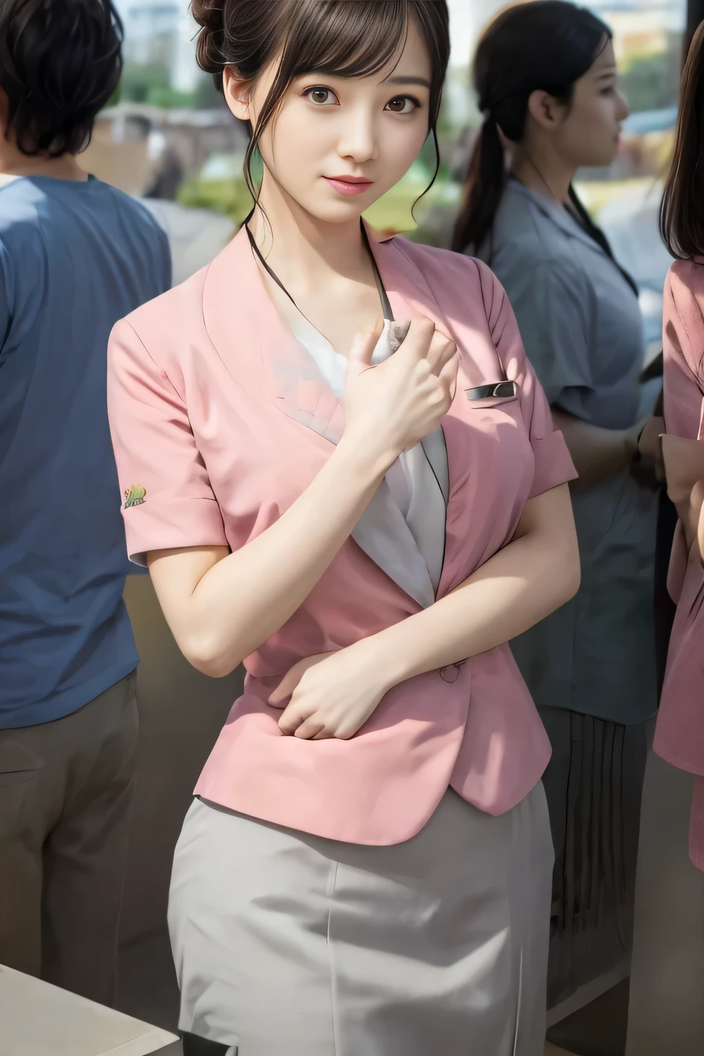 (masterpiece:1.2, Highest quality:1.2), 32k HDR, High resolution, (alone、1 girl)、（On the rooftop of a building in the daytime、Professional Lighting）、Building rooftop background、（Nankai train crew uniform pinkを着たリアルスタイル）、（Nankai train crew uniform pink short sleeve collarless pink jacket、Nankai Train Crew Uniform Pink Collarless Short Sleeve Blouse、Nankai Train Crew Uniform Pink Grey Knee-length Culottes）、（（The bottom of the pink short-sleeved jacket cannot be tucked into the clay-colored culottes.））、Dark brown hair、（Hair tied up、Hair Bun、Hair Bun）、Dark brown hair、Long Shot、Big Breasts、Thin legs、（（Great hands：2.0）），（（Harmonious body proportions：1.5）），（（Normal limbs：2.0）），（（Normal finger：2.0）），（（Delicate eyes：2.0）），（（Normal eyes：2.0））)、（Nankai Train Crew Uniform Pink Grey Knee-length Culottesを見せた美しい立ち姿）、smile