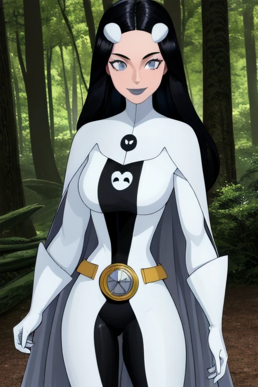 8k,highres,absurdres,masterpiece,best quality,original,extremely detailed CG,extremely detailed wallpaper,perfect, Phantom girl, Tinya Wazzo, solo, girl1, long black hair, bodysuit. grey eyes, smile, grey lips, belt, white cape, white gloves, best quality, masterpiece, cowboy shot, park, forest