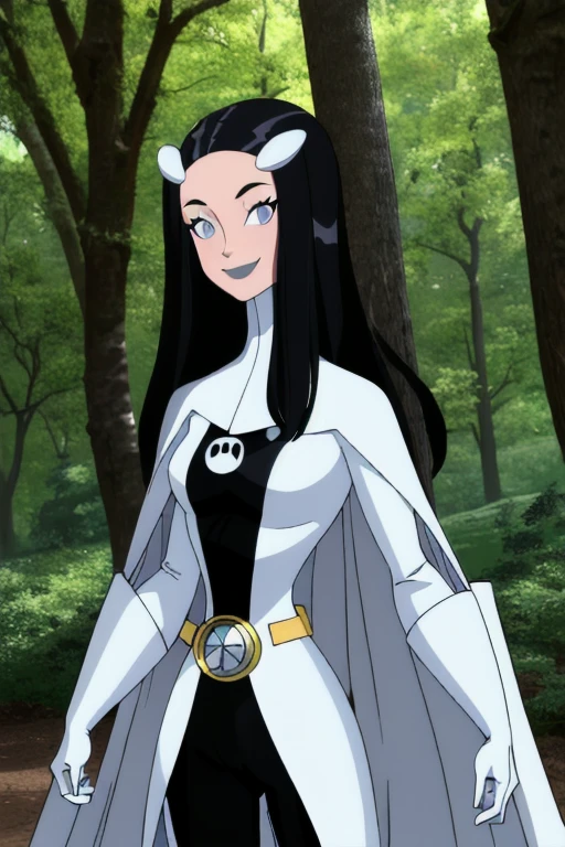 8k,highres,absurdres,masterpiece,best quality,original,extremely detailed CG,extremely detailed wallpaper,perfect, Phantom girl, Tinya Wazzo, solo, girl1, long black hair, bodysuit. grey eyes, smile, grey lips, belt, white cape, white gloves, best quality, masterpiece, cowboy shot, park, forest