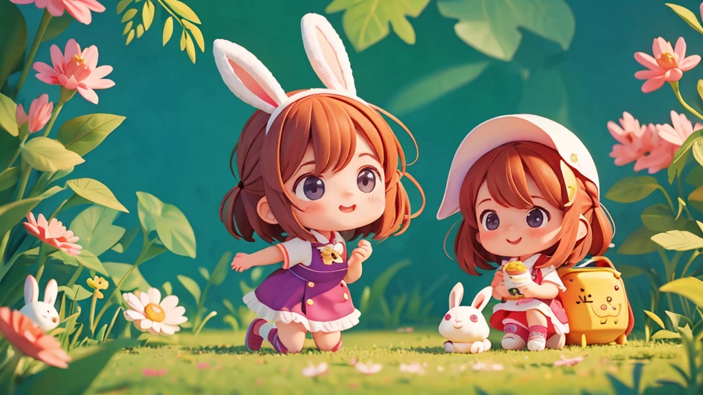 Cute one  Sarah watching the bunny with excitement in her eyes ixar style, best quality, stills,