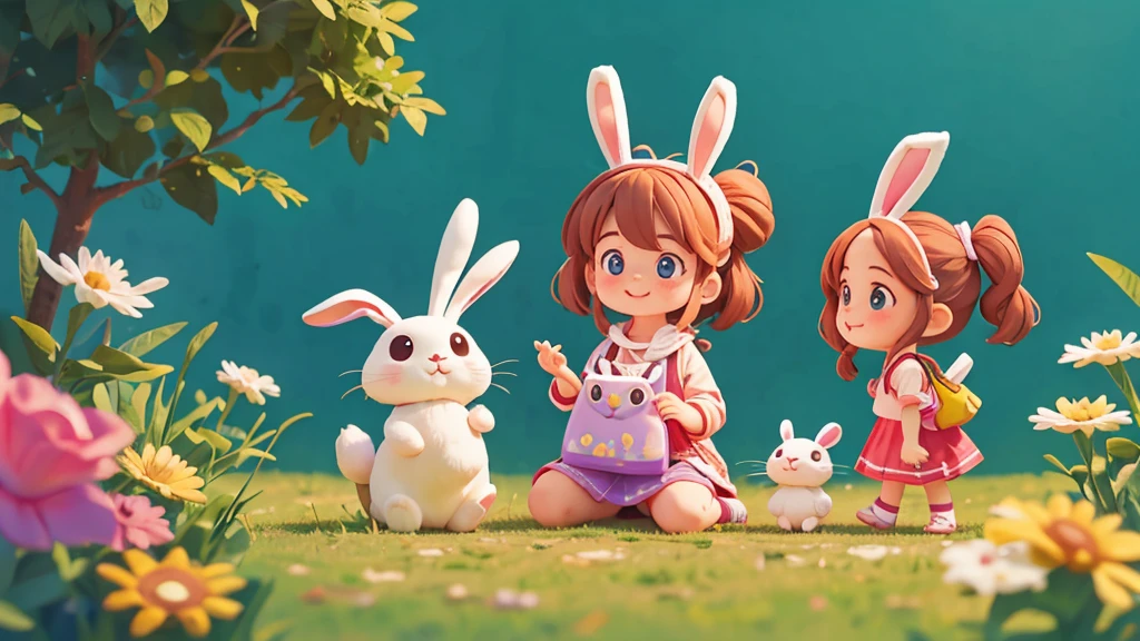 Cute one Sarah watching the bunny with excitement in her eyes ixar style, best quality, stills,