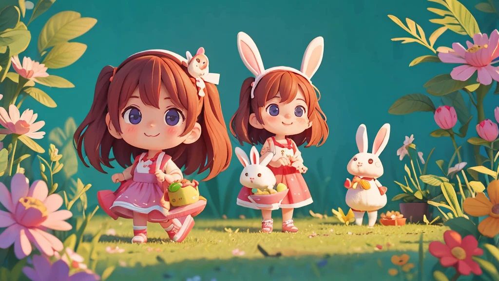 Cute one  Sarah watching the bunny with excitement in her eyes ixar style, best quality, stills,