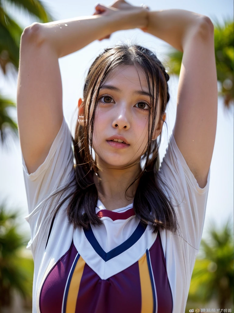 A young girl with droopy eyes and bad makeup、Shyly raising his arms、Showing off dirty, hairy armpits。The chubby girl with a young face is staring at me with a provocative smile.。Sticky armpit sweat。The background is outdoors。Cheerleader uniforms。Sweat stains。Wet clothes stuck to the skin。Dynamic Lighting,Highest quality,8K,masterpiece,Ultra-high resolution,Photorealistic,RAW shooting,Ultra-detailed,Caustics,Perfect Anatomy,Ultra-Realistic Capture,Beautiful and detailed eyes,High angle shot