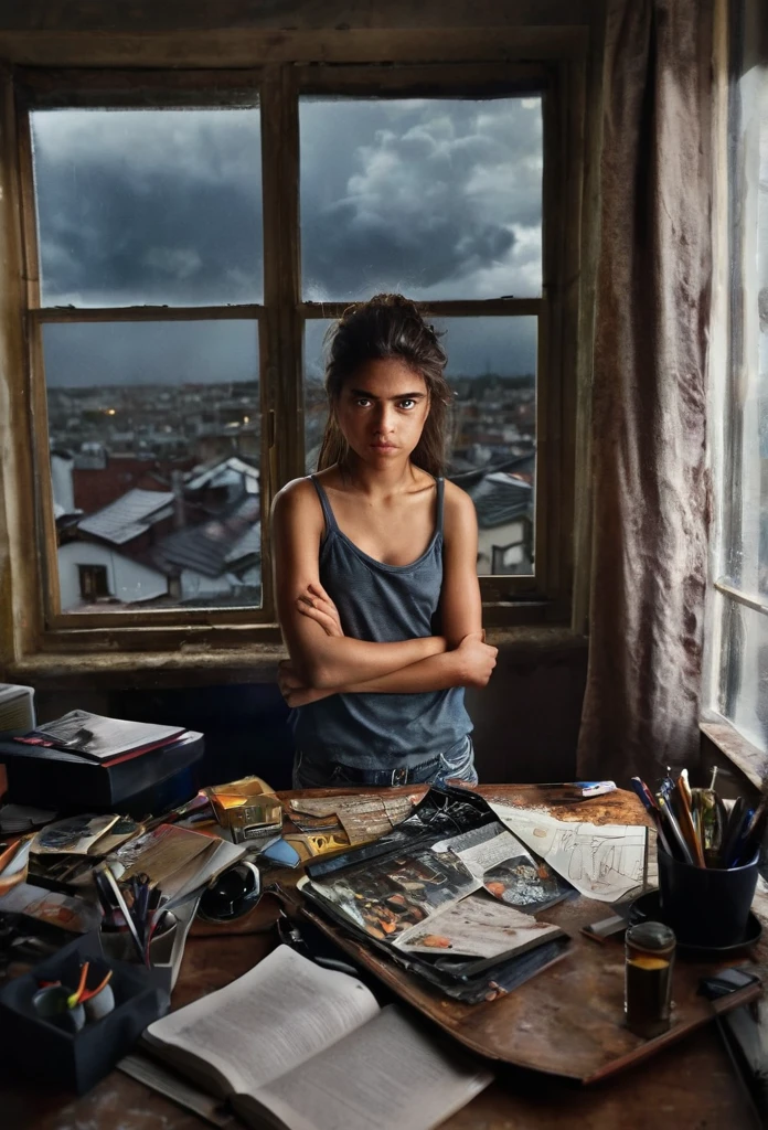 angry 18yo sister, bedroom, desk, messy room, realistic, looking at viewer, window, angry, arms behind back, from above, stormy sky, dim light at cozy bedroom,, (masterpiece, best quality, very aesthetic, ultra detailed), intricate details,