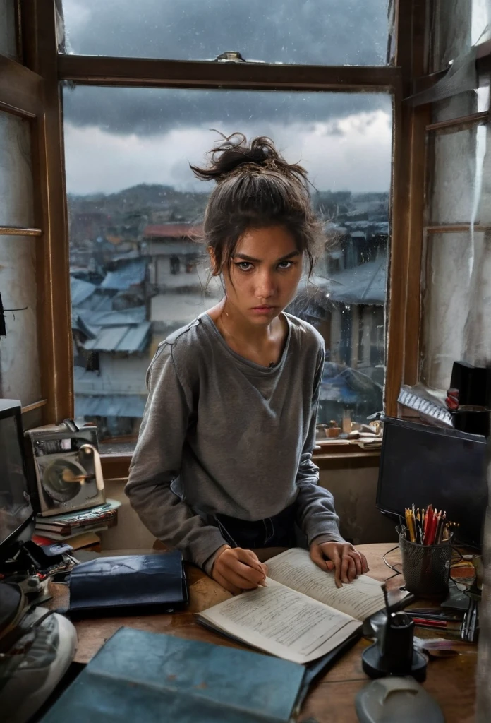 angry 18yo sister, bedroom, desk, messy room, realistic, looking at viewer, window, angry, arms behind back, from above, stormy sky, dim light at cozy bedroom,, (masterpiece, best quality, very aesthetic, ultra detailed), intricate details,
