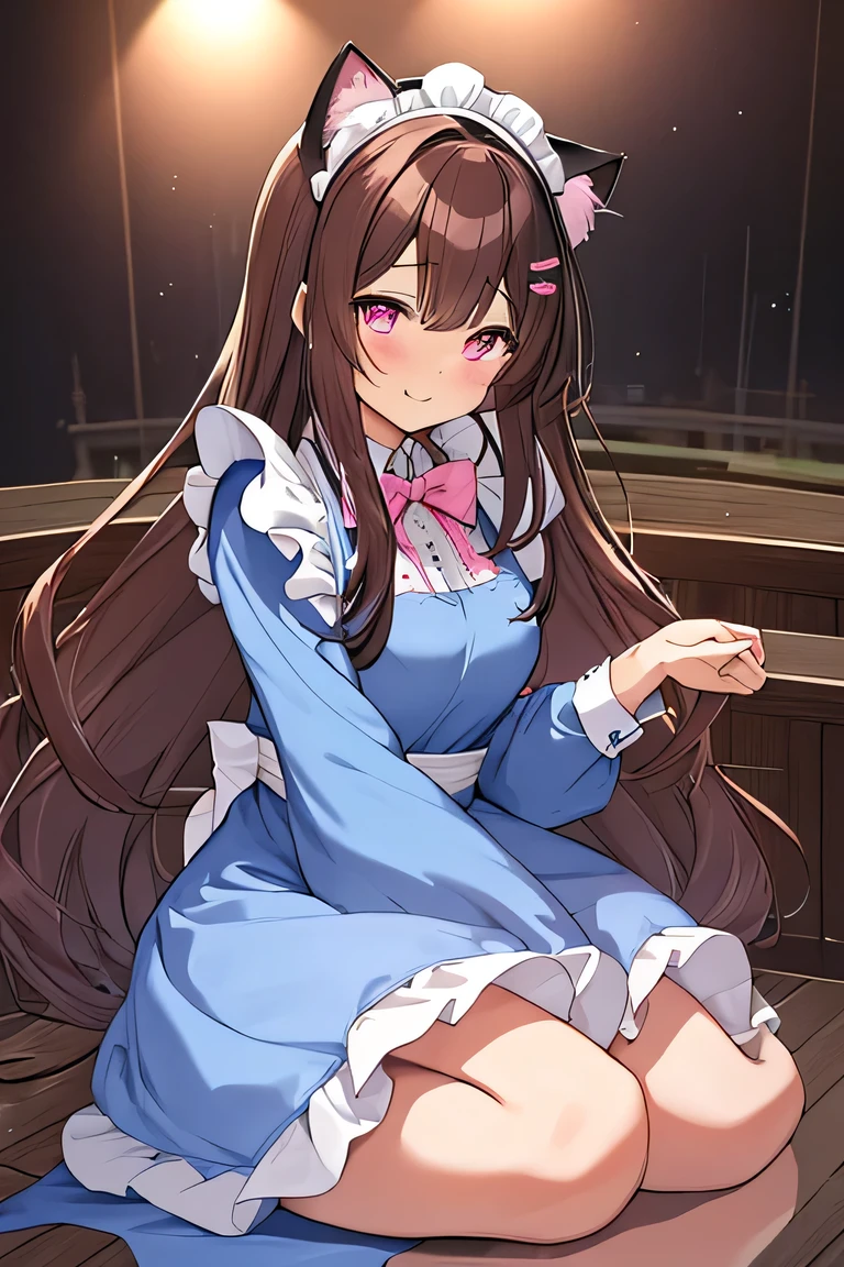 ((masterpiece)), ((best quality)), (ultra-detailed), ((kawaii)), cute, (lovely), illustration, anime style, full body, full body focus, a cute girl, solo, 1girl, Live performance venue, A Japanese anime illustration of an adult woman with long, dark brown hair, longer than her waist, with side hair hanging down. She has a timid expression with modest smile, reflecting a lack of confidence. She's wearing cat ears and a maid outfit, with pink eyes. The character's overall appearance is one of vulnerability and subtle charm, (blue Maid outfit dress:1.4), cat ear catsuit, pink eyes, dark brown hair, long hair, adult female, spotlight.