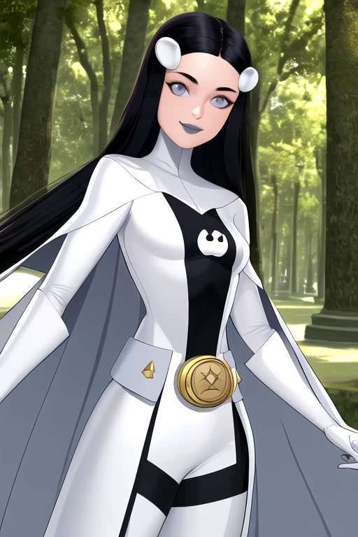 8k,highres,absurdres,masterpiece,best quality,original,extremely detailed CG,extremely detailed wallpaper,perfect, Phantom girl, Tinya Wazzo, solo, girl1, long black hair, bodysuit. grey eyes, smile, grey lips, belt, white cape, white gloves, best quality, masterpiece, cowboy shot, park, forest 