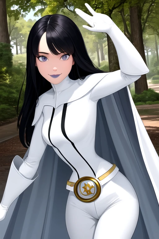 8k,highres,absurdres,masterpiece,best quality,original,extremely detailed CG,extremely detailed wallpaper,perfect, Phantom girl, Tinya Wazzo, solo, girl1, long black hair, bodysuit. grey eyes, smile, grey lips, belt, white cape, white gloves, best quality, masterpiece, cowboy shot, park, forest