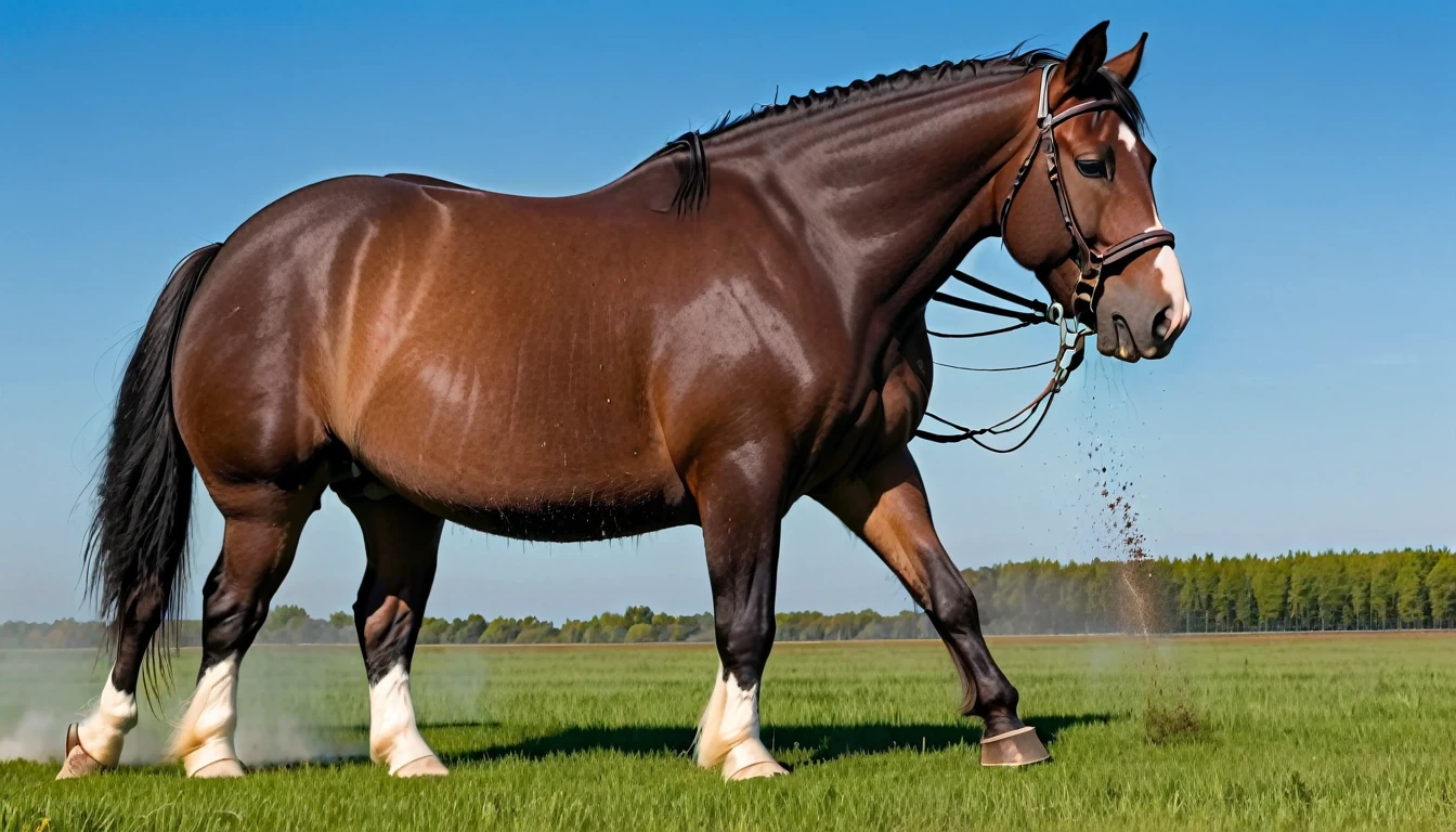big fat Belgian draft horse mare (side view). massive bum. very short tail. horse facing horizon . ((riding, very full figured, very dark skinned), BBW, nude African woman) flat grass meadow. steaming horse dung behind horse. cloudless blue sky.