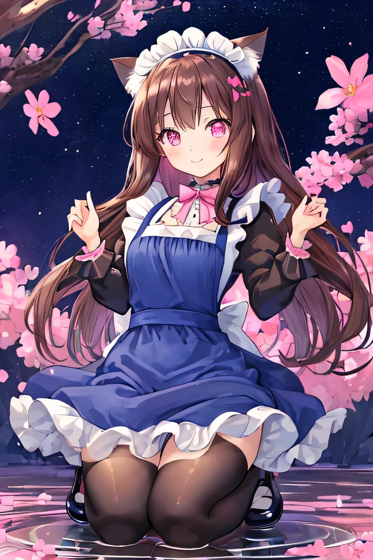 ((masterpiece)), ((best quality)), (ultra-detailed), ((kawaii)), cute, (lovely), illustration, anime style, full body, full body focus, a cute girl, solo, 1girl, Live performance venue, A Japanese anime illustration of an adult woman with long, dark brown hair, longer than her waist, with side hair hanging down. She has a timid expression with modest smile, reflecting a lack of confidence. She's wearing cat ears and a maid outfit, with pink eyes. The character's overall appearance is one of vulnerability and subtle charm, (dark blue Maid outfit dress:1.4), cat ear catsuit, pink eyes, dark brown hair, long hair, adult female, spotlight.