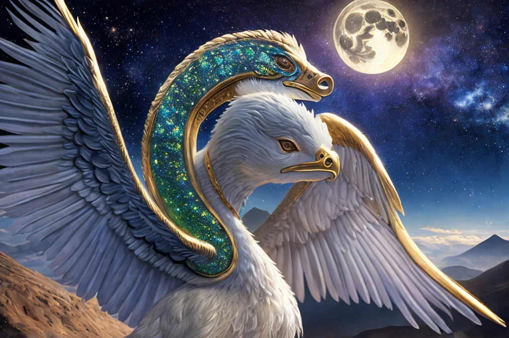 body: Imagine a large snake, with a long, sinuous body that glides elegantly through the air. Pig scales are iridescent, reflecting the moonlight with silver tones, blues and greens. Along your spine, you can see a line of larger and shiny scales, that give it a majestic and resplendent appearance.
head: Its head has an elongated and elegant shape., with a crest of golden feathers that extends from the forehead to the nape of the neck. His eyes are big and bright, shining with a silvery glow reminiscent of the full moon. The expression on his face is serene but powerful., showing wisdom and strength.
Alas: Quilla Amaru has a pair of feathered wings that sprout from its back.. The feathers are large and soft, with a color gradient that goes from silvery white at the tips to gold at the base. When he spreads his wings, It seems that the night sky lights up with a heavenly glow.
Additional details: throughout your body, small stars seem to be embedded between its scales, adding a magical touch to your appearance. At the base of your neck, she wears a moonstone necklace, symbol of his divine origin.
Around: Visualize it flying between the highest mountains of the Andes, under a starry sky and a bright full moon. Their presence brings a soft glow to the mountain tops and a sense of peace and protection to the land below..