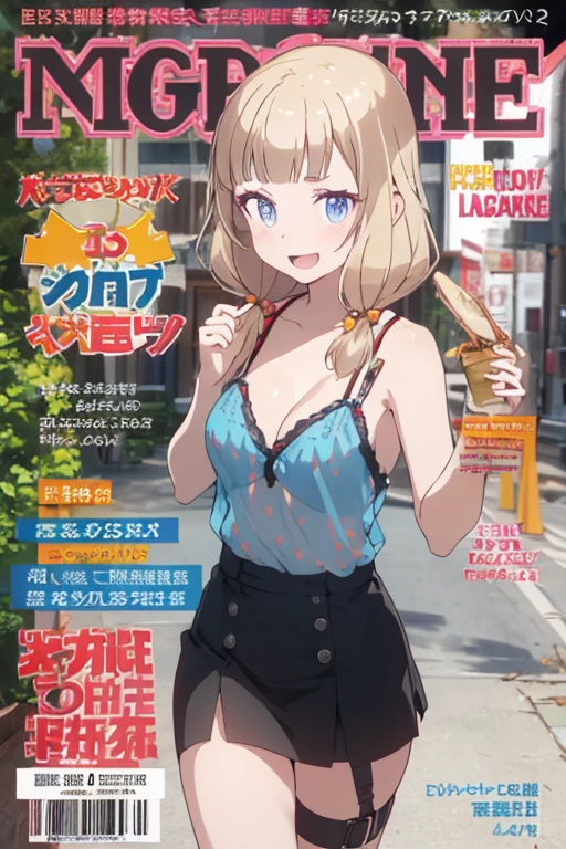 (small breasts:1.2), (perky chest:1.2), (pointed chest:1.2), (Pudding cake magazine cover:1.3),(from above:1.0),(shoot from the side:1.1),masterpiece, 1girl, Amazing Cleavage:1.1, thin waist, optimum,tmasterpiece,hight resolution,best qualtiy,hyper HD,super detailing,awardwinning,a 18yo cute girl,(The upper part of the body),anatomy correct,Beautiful Black miniskirt,garters,Gaze,Small face,bangss,holster,Beautuful Women,hands up,leg holster,Gaze,black boots,Cowboy Shot,cute face,a blond,Longhaire,Twin-tailed,Braids, Hairline,（scarlet eyes）,long eyelasher,Hanging eye corners,White skin of the, ((see through camisole:1.1)), ((Sheer nipples:1.0)),Rocket Tits,(Slim body),smile,seductive weak smiling,(with sparkling eyes and a contagious smile),little open mouth, Looking at Viewer,
