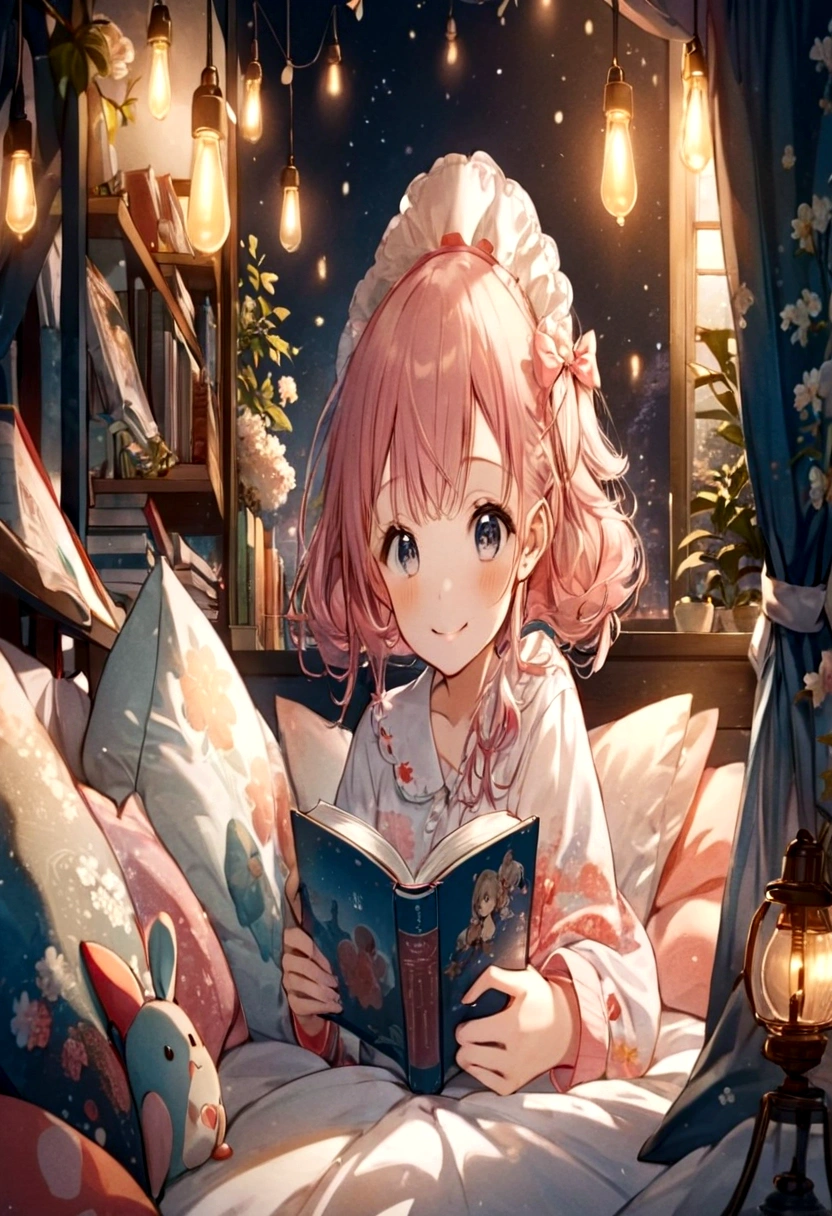 anime smiling girl reading a book in bed with lights on, anime style 4 k, 4 k manga wallpaper, anime art wallpaper 4 k, anime art wallpaper 4k, anime art wallpaper 8 k, anime wallpaper 4k, anime wallpaper 4 k, 4k anime wallpaper, young anime girl, cute anime  smilig girl, anime visual of a cute girl, splash art anime loli