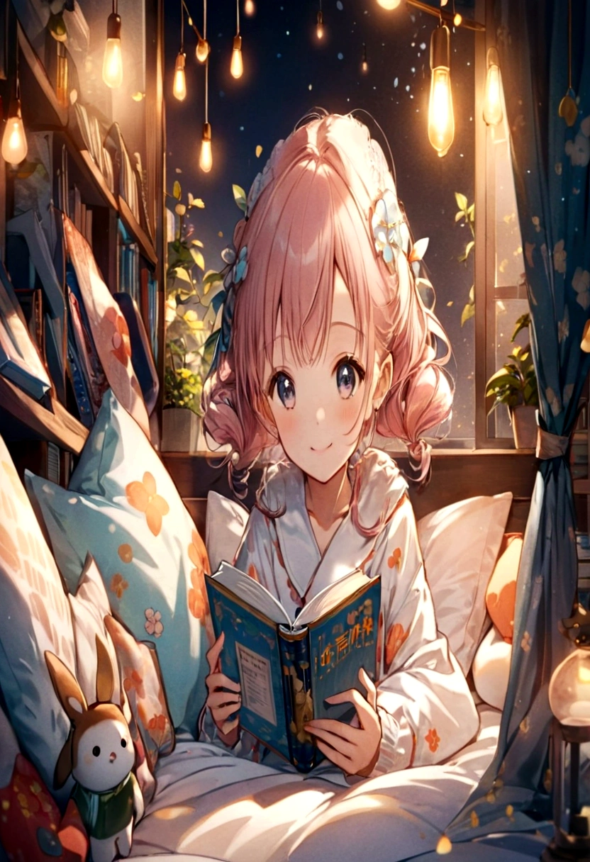 anime smiling girl reading a book in bed with lights on, anime style 4 k, 4 k manga wallpaper, anime art wallpaper 4 k, anime art wallpaper 4k, anime art wallpaper 8 k, anime wallpaper 4k, anime wallpaper 4 k, 4k anime wallpaper, young anime girl, cute anime smilig girl, anime visual of a cute girl, splash art anime loli