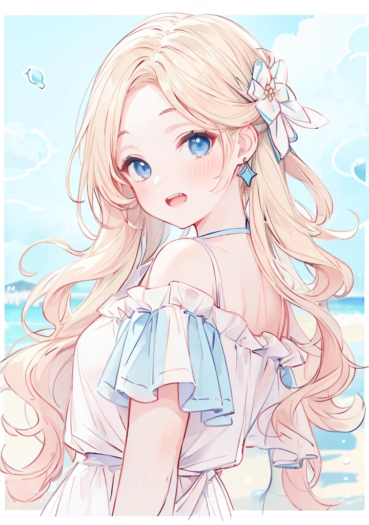 ((4K, ​master piece, Best Quality)), Cute  s,Wind,pale blond hair, Blue eyes,very long twintails,Blue sky,Laugh,double tooth,Closed eyes,Looking at Viewer,Lens Flare, Coastal, swim wears