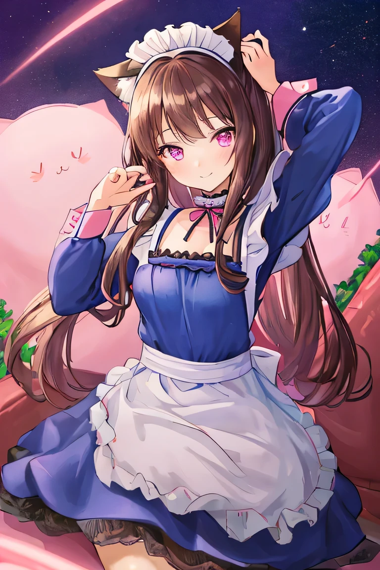 ((masterpiece)), ((best quality)), (ultra-detailed), ((kawaii)), cute, (lovely), illustration, anime style, full body, full body focus, a cute girl, solo, 1girl, Live performance venue, A Japanese anime illustration of an adult woman with long, dark brown hair, longer than her waist, with side hair hanging down. She has a timid expression with modest smile, reflecting a lack of confidence. She's wearing cat ears and a maid outfit, with pink eyes. The character's overall appearance is one of vulnerability and subtle charm, (dark blue Maid outfit dress:1.4), cat ear catsuit, pink eyes, dark brown hair, long hair, adult female, spotlight.
