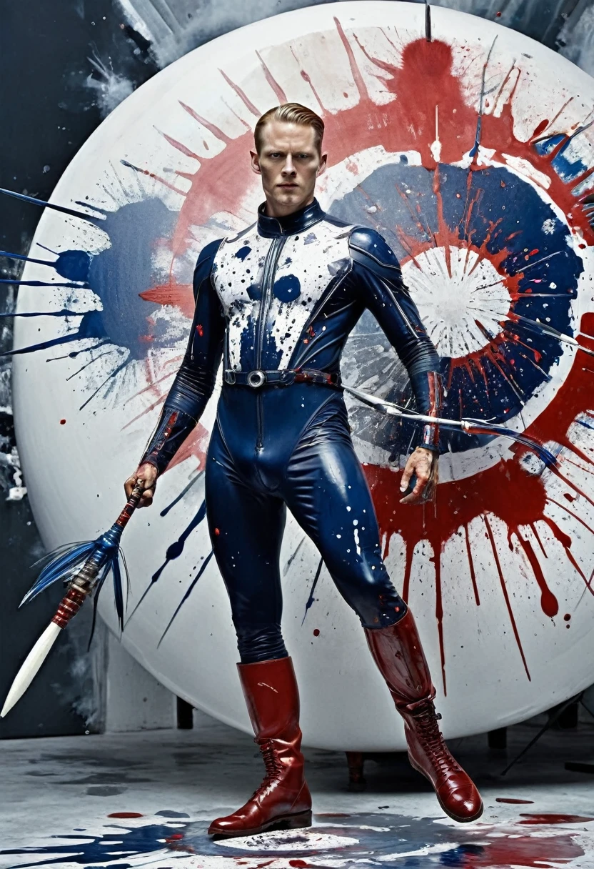perfect proportions, anatomically correct, (head to toe: 2.0), (full body image: 2.0), solo, (Casshern: 1.6), extremely stylized, deviant art, masterpiece, highly detailed, detailed eyes, expressive detailed eyes, detailed pupils, futuristic, ((1950s scifi helmet)), ((pointy helmet)), Rubber Gloss, (red flightsuit:1.4), white boots, entire body image, full body shot, nvinkpunk, professional photograph of alexander_skarsgard, tassles, large beads, large tassels, navy blue and white, cyberpunk, inkpunk, paint platter, ink splatter, (action pose:1.0), ((holding a two pronged spear)),xianxia