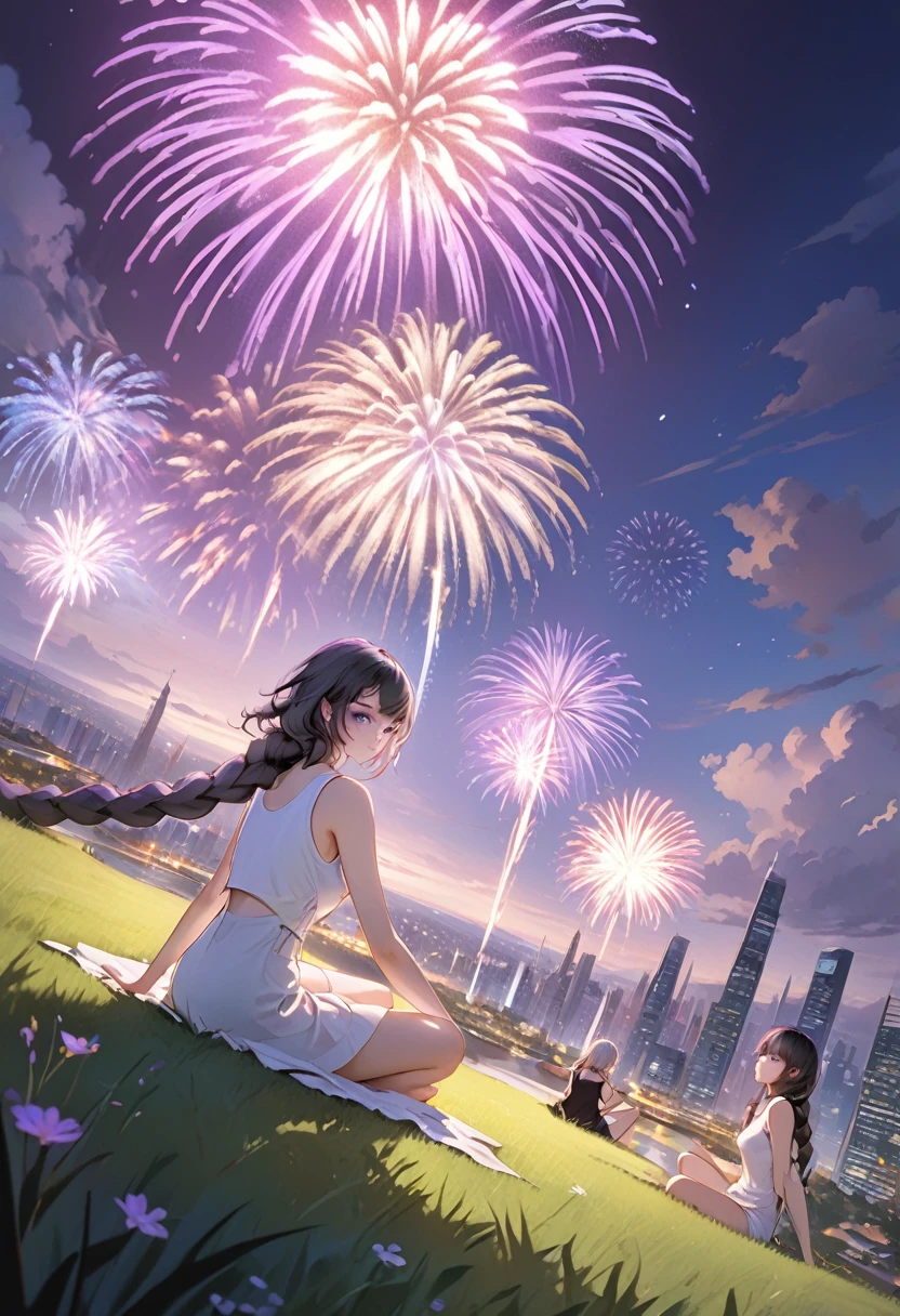 (Very detailed CG unified 16k wallpaper:1.1), (Denoising Strength: 1.45), Two girls sitting on the grass watching fireworks，1girl, cryptic_g, purple eyes, silver hair, gradient hair, twin braided hair,Beautiful and delicate eyes,,Dark purple with white hair, Fluorescent violet。Another girl with short black hair，White T-shirt，Neutral style,  Beautiful detailed city night in the background,Fireworks in the night sky， Perspective Effect, Very detailed, Lots of details, HD semi-realistic anime CG concept art digital, illustration, (masterpiece:1.37), masterpiece, best quality，poster
