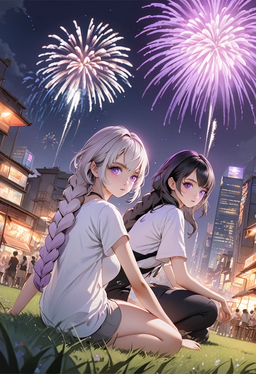 (Very detailed CG unified 16k wallpaper:1.1), (Denoising Strength: 1.45), Two girls sitting on the grass watching fireworks，1girl, cryptic_g, purple eyes, silver hair, gradient hair, twin braided hair,Beautiful and delicate eyes,,Dark purple with white hair, Fluorescent violet。Another girl with short black hair，White T-shirt，Neutral style,  Beautiful detailed city night in the background,Fireworks in the night sky， Perspective Effect, Very detailed, Lots of details, HD semi-realistic anime CG concept art digital, illustration, (masterpiece:1.37), masterpiece, best quality，poster
