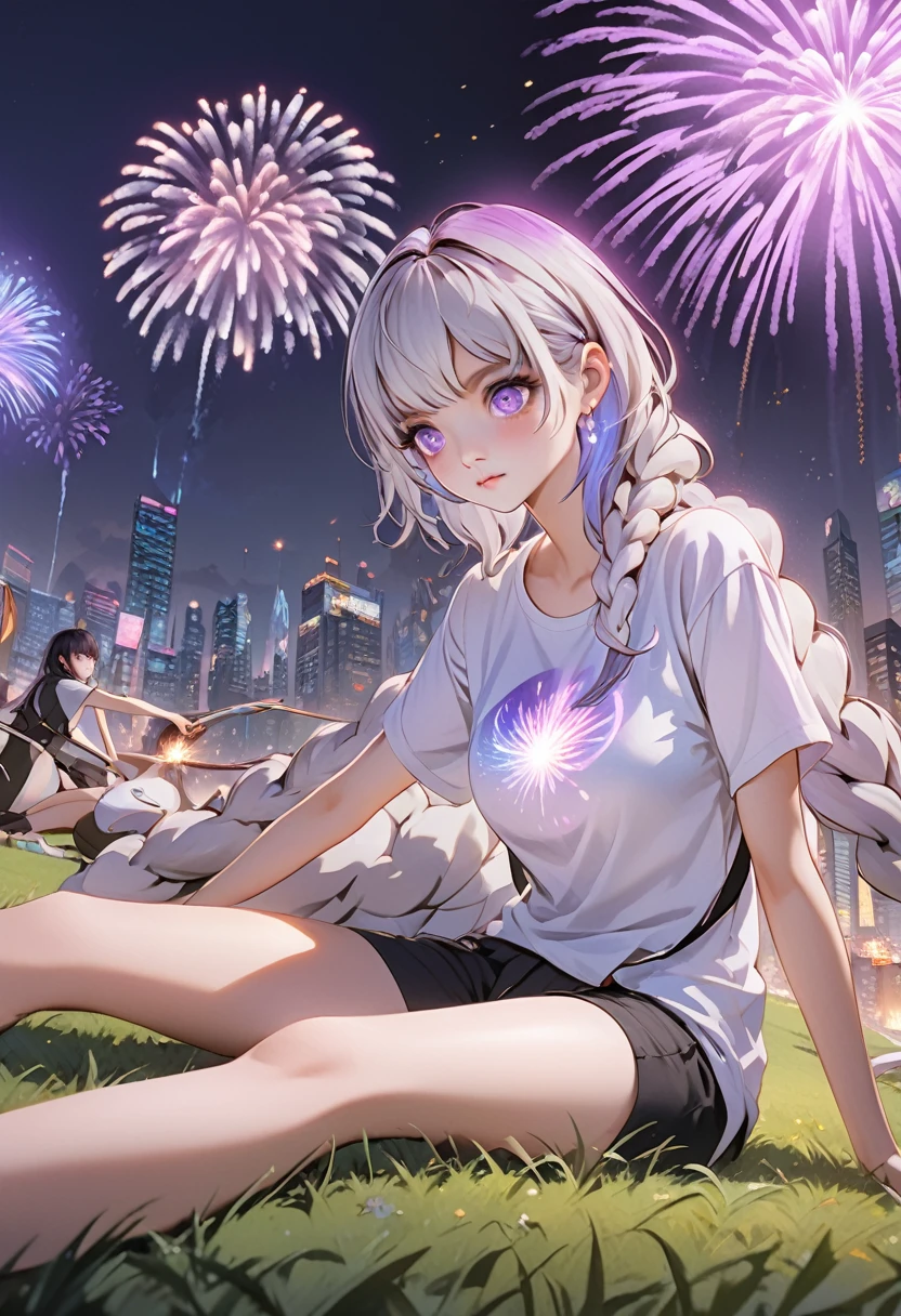 (Very detailed CG unified 16k wallpaper:1.1), (Denoising Strength: 1.45), Two girls sitting on the grass watching fireworks，1girl, cryptic_g, purple eyes, silver hair, gradient hair, twin braided hair,Beautiful and delicate eyes,,Dark purple with white hair, Fluorescent violet。Another girl with short black hair，White T-shirt，Neutral style,  Beautiful detailed city night in the background,Fireworks in the night sky， Perspective Effect, Very detailed, Lots of details, HD semi-realistic anime CG concept art digital, illustration, (masterpiece:1.37), masterpiece, best quality，poster
