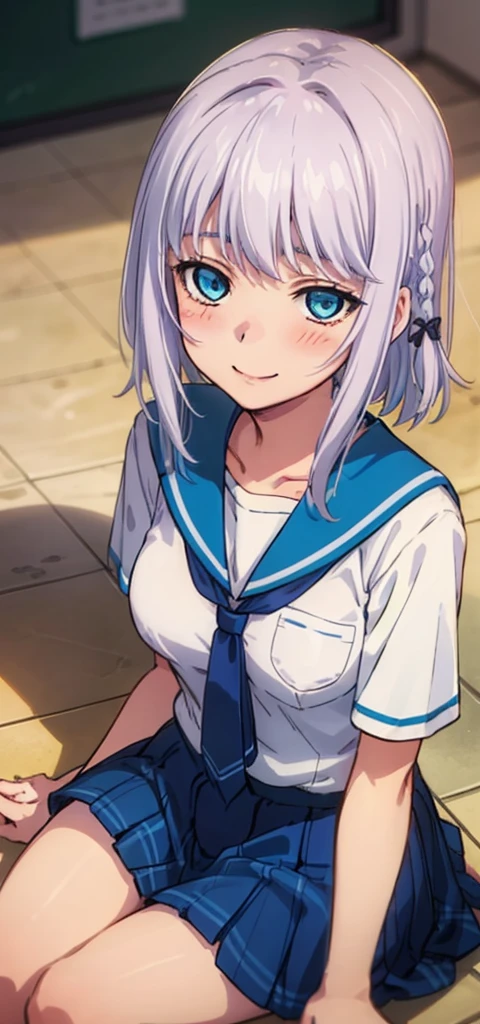 1 girl, kanon kanase, blush, medium breasts, sleeveless,((( school uniform))), 20-year-old, healthy skin, smile, (indoors), detailed eyes. Sitting.