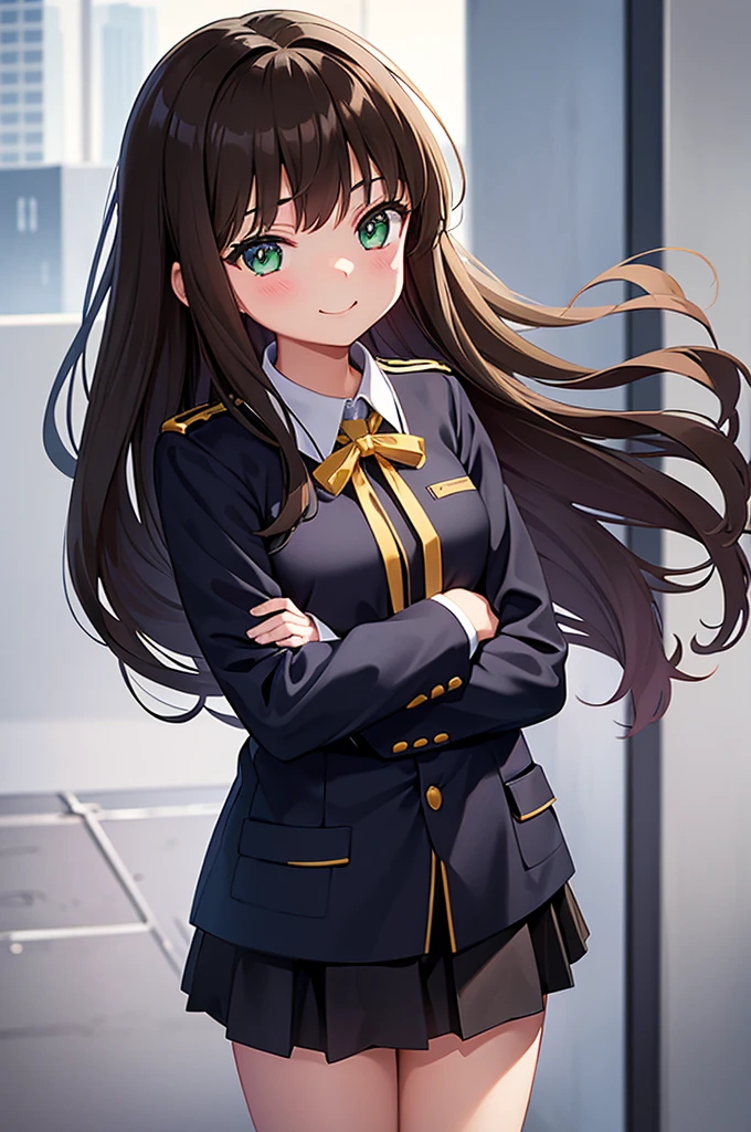 Please draw a high school girl with long brown hair wearing a uniform.。The background is plain。Standing with the whole body facing forward。The face is smiling with the mouth closed。Keep your arms hanging down at your sides。Please shoot from the head to the upper body。Cat eyes and green eye color。No pose needed。
