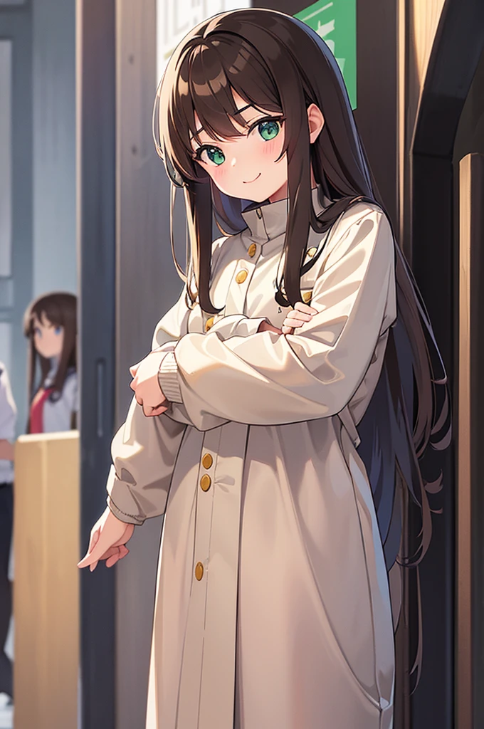 Please draw a high school girl with long brown hair wearing a uniform.。The background is plain。Standing with the whole body facing forward。The face is smiling with the mouth closed。Keep your arms hanging down at your sides。Please shoot from the head to the upper body。Cat eyes and green eye color。No pose needed。
