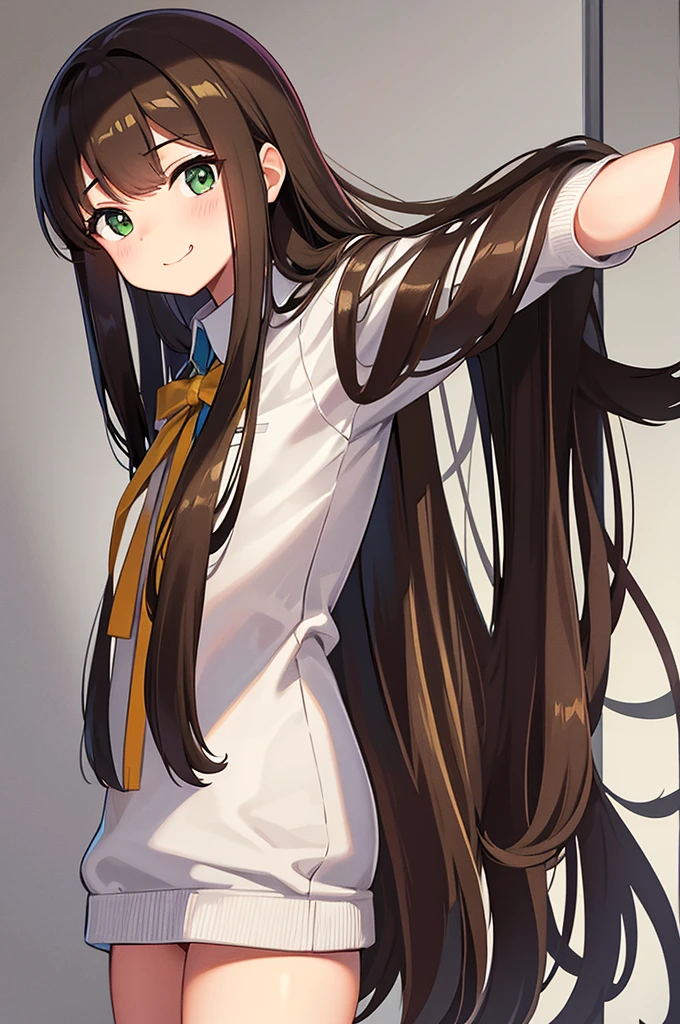 Please draw a high school girl with long brown hair wearing a uniform.。The background is plain。Standing with the whole body facing forward。The face is smiling with the mouth closed。Keep your arms hanging down at your sides。Please shoot from the head to the upper body。Cat eyes and green eye color。No pose needed。