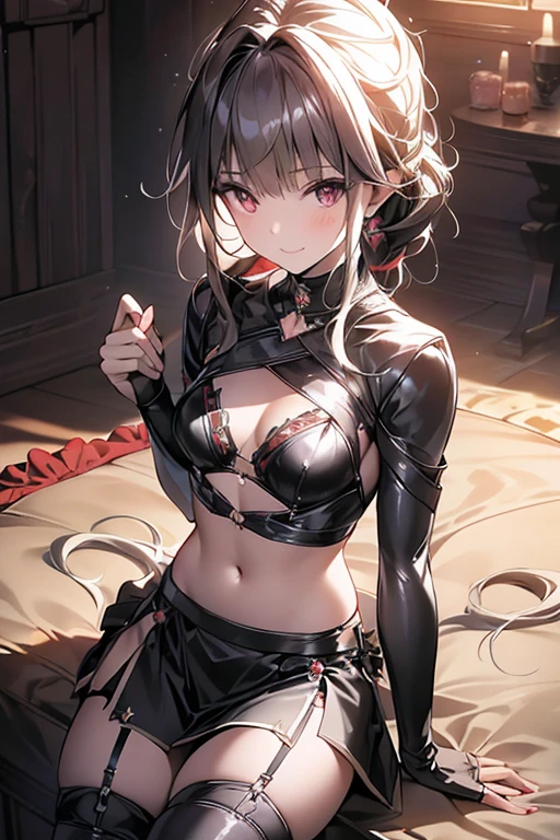 (small breasts:1.2), (perky chest:1.2), (pointed chest:1.2), (Pudding cake magazine cover:1.3),(from above:1.0),(shoot from the side:1.1),masterpiece, 1girl, Amazing Cleavage:1.1, thin waist, optimum,tmasterpiece,hight resolution,best qualtiy,hyper HD,super detailing,awardwinning,a 18yo cute girl,(The upper part of the body),anatomy correct,Beautiful Black miniskirt,garters,Gaze,Small face,bangss,holster,Beautuful Women,hands up,leg holster,Gaze,black boots,Cowboy Shot,cute face,a blond,Longhaire,Twin-tailed,Braids, Hairline,(scarlet eyes),long eyelasher,Hanging eye corners,White skin of the, ((see through camisole:1.1)), ((Sheer nipples:1.0)),Rocket Tits,(Slim body),smile,seductive weak smiling,(with sparkling eyes and a contagious smile),little open mouth, Looking at Viewer,