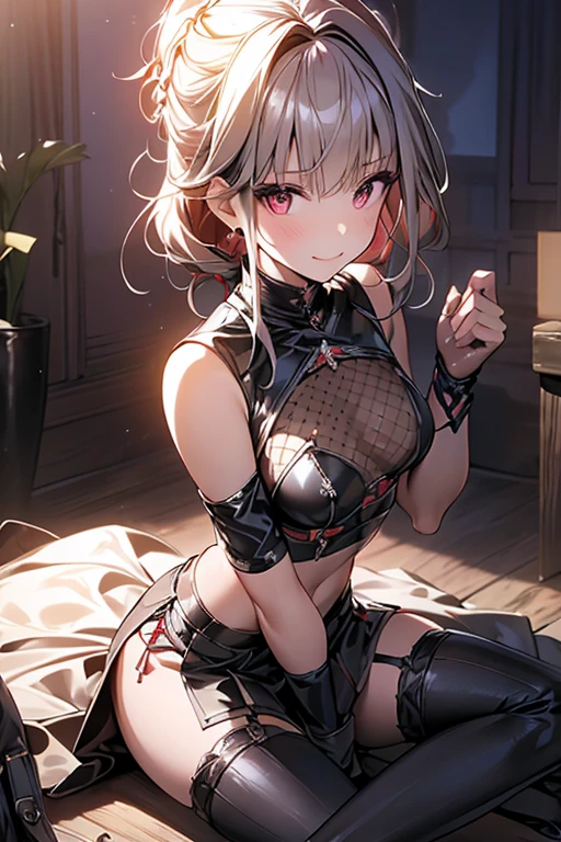 (small breasts:1.2), (perky chest:1.2), (pointed chest:1.2), (Pudding cake magazine cover:1.3),(from above:1.0),(shoot from the side:1.1),masterpiece, 1girl, Amazing Cleavage:1.1, thin waist, optimum,tmasterpiece,hight resolution,best qualtiy,hyper HD,super detailing,awardwinning,a 18yo cute girl,(The upper part of the body), correct,Beautiful Black ,garters,Gaze,Small face,bangss,holster,Beautuful Women,hands up,leg holster,Gaze,black boots,Cowboy Shot,cute face,a blond,Longhaire,Twin-tailed,Braids, Hairline,（scarlet eyes）,long eyelasher,Hanging eye corners,White skin of the, (( camisole:1.1)), ((Sheer :1.0)),Rocket Tits,(Slim body),smile, weak smiling,(with sparkling eyes and a contagious smile),little open mouth, Looking at Viewer,
