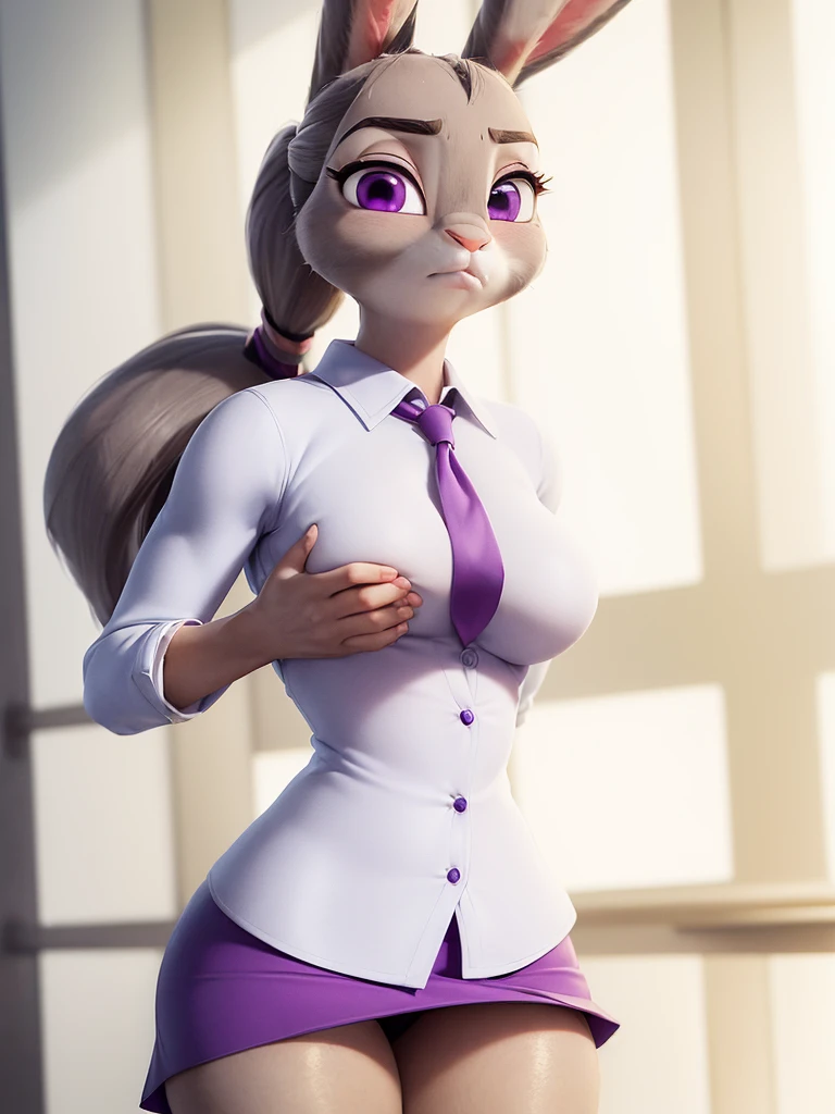 best quality,
masterpiece,
3D anime,
(((solo))),
(((1girl))),
(((Face is JudyHopps))),
(long ears like a rabbit:0.8),
Heir is in a ((ponytail)) style,
bang is feather ((bangs)),
((Her eyes color is purple)),
6.5 head and body,
office suit,
office business suit outfit
 ((office lady)),
 ((white blouse)) unbuttoned,
The lower body is wearing a skirt,
ears are drooping,
Navel exposed,
(outfit is made of wool:1.4),
((body is made of wool fabric)),
((body is gray with fluffy and fluffy)),
((skin is wool fabric with fluffy and fluffy)),
((She is blushing in the cheeks)),
looking embarrassed,
((troubled expression)),