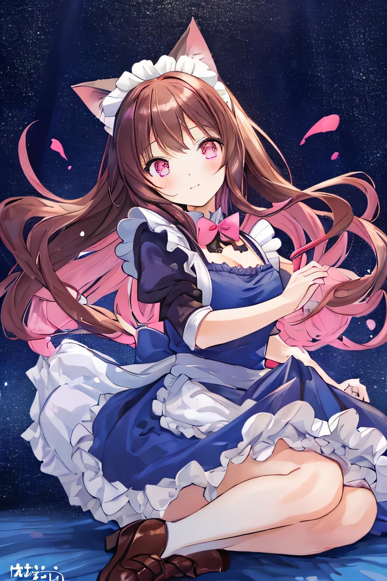 ((masterpiece)), ((best quality)), (ultra-detailed), ((kawaii)), cute, (lovely), illustration, anime style, full body, full body focus, a cute girl, solo, 1girl, Live performance venue, A Japanese anime illustration of an adult woman with long, dark brown hair, longer than her waist, with side hair hanging down. She has a timid expression with modest smile, reflecting a lack of confidence. She's wearing cat ears and a maid outfit, with pink eyes. The character's overall appearance is one of vulnerability and subtle charm, (dark blue Maid outfit dress:1.4), cat ear catsuit, pink eyes, dark brown hair, long hair, adult female, spotlight.