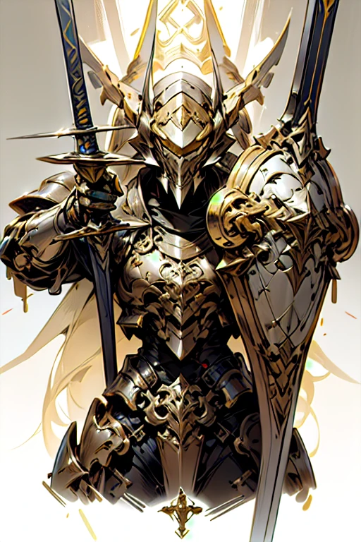 dynamic attack position abstract portrait of a intricate glorious holy mechanical warforged character in yellow armor holding a paladin engraved great longsword drawn and carrying a big paladin shield, scoop lightforged,concept art,artstation,digital painting,high quality,cinematic,attractive