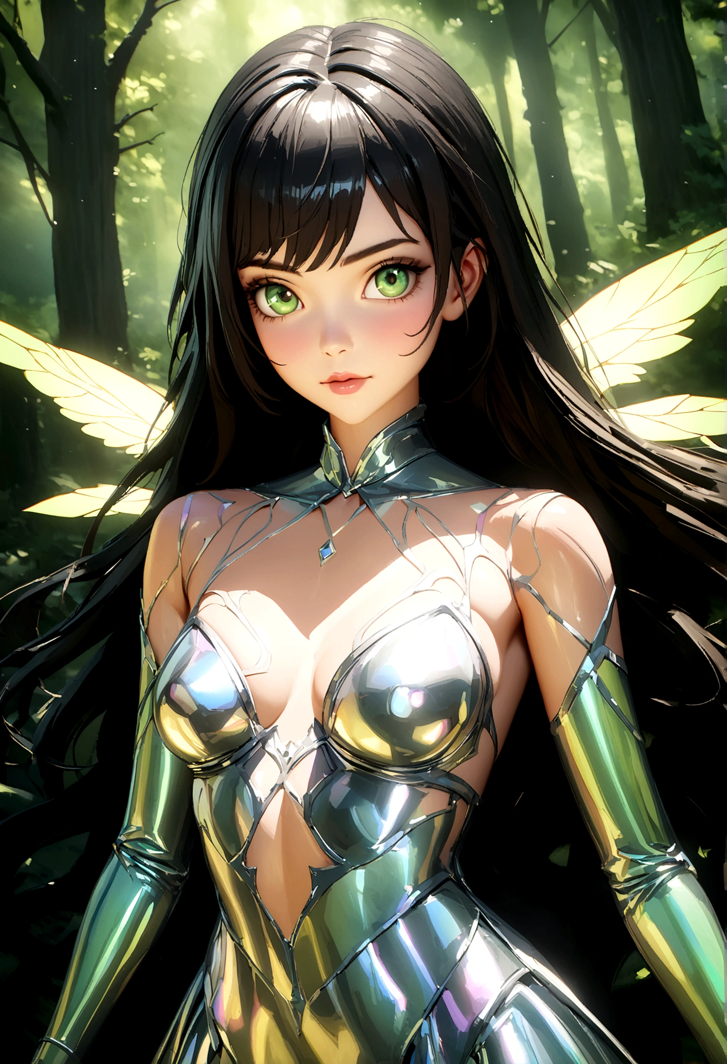 An ethereal female figure with delicate, luminescent wings, surrounded by glowing, magical creatures in an enchanted forest Subsurface skin scattering, shiny skin, iridescent dress, detailed background, ([Elizabeth Olsen|Anne Hathaway|Selena Gomez]:0.8), round cute face, green eyes, close-up, amazing fine detail, Nikon D850 film stock photograph Kodak Portra 400 camera f1.6 lens, rich colors, lifelike texture, dramatic lighting, unreal engine, trending on ArtStation, cinestill 800 tungsten